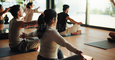 Buy stock photo People, fitness and stretching with yoga class for spiritual wellness, mindfulness or training. Session, group or yogi with coach or trainer for meditation, zen or awareness together in health club