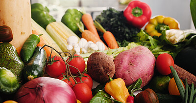 Buy stock photo Vegetables, organic groceries and kitchen with variety of ingredients, plant based diet and nutrition. Fresh produce, meal prep and assortment of natural food for vegan menu, health and detox in home