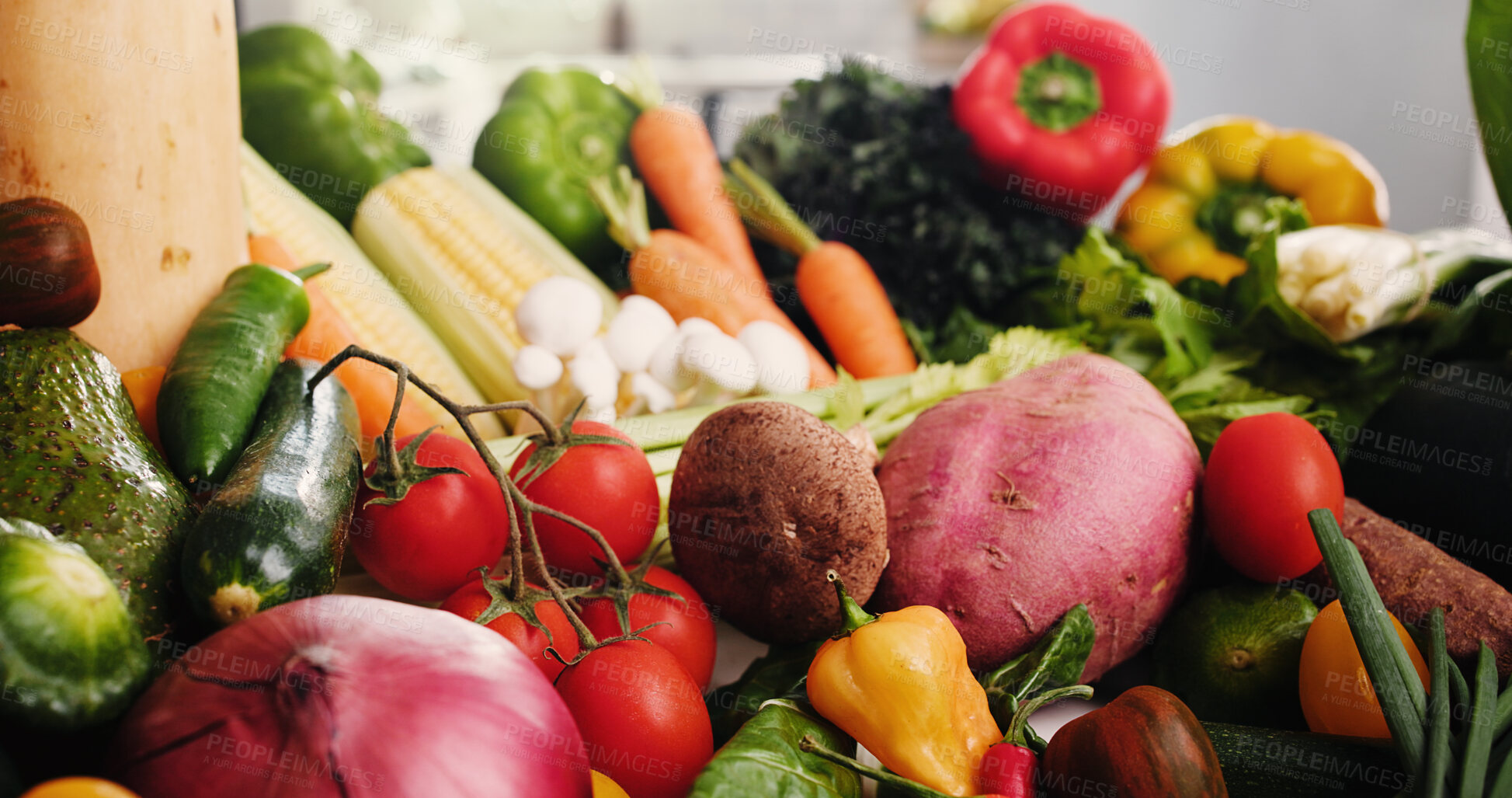 Buy stock photo Vegetables, organic groceries and kitchen with variety of ingredients, plant based diet and nutrition. Fresh produce, meal prep and assortment of natural food for vegan menu, health and detox in home