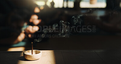 Buy stock photo Incense, smoke and meditation in yoga class for relax, chakra alignment or holistic wellness. Aroma stick, peace and people with fragrance for zen, aromatherapy or healing with group on studio floor