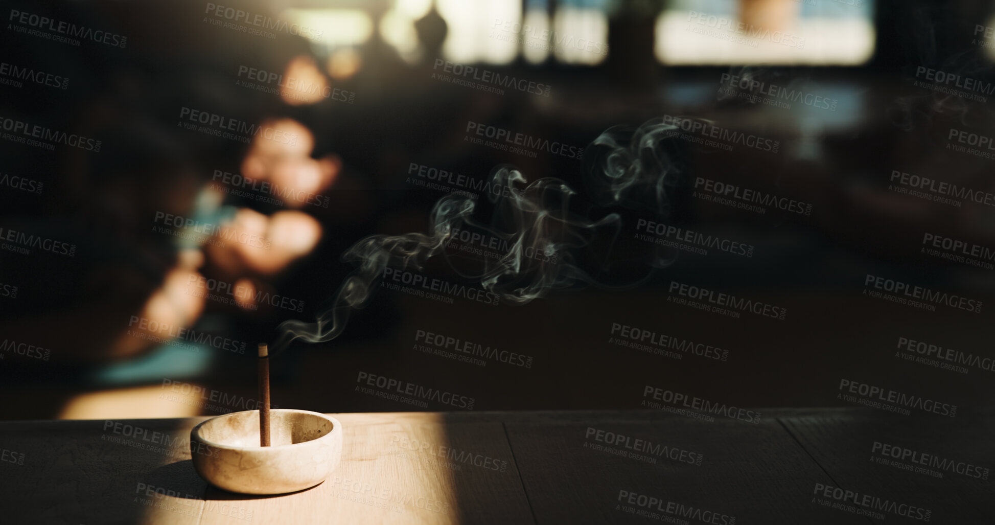 Buy stock photo Incense, smoke and meditation in yoga class for relax, chakra alignment or holistic wellness. Aroma stick, peace and people with fragrance for zen, aromatherapy or healing with group on studio floor