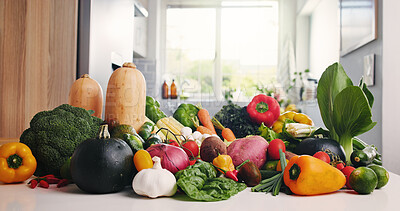 Buy stock photo Vegetables, organic groceries or kitchen counter with ingredient variety, plant based diet or nutrition. Fresh produce, meal prep or collection of natural food for vegan menu, health or detox in home
