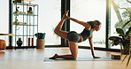 Yoga, woman and stretching with tiger pose in home for mobility, flexibility and core muscle strength. Pilates, balance and warm up for arms, legs and posture exercise with mindfulness or wellness