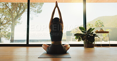 Buy stock photo Woman, back and yoga with namaste for meditation, zen or spiritual wellness in serene studio. Calm, female person or yogi stretching with inner peace for chakra, mindfulness or mudra in health dojo