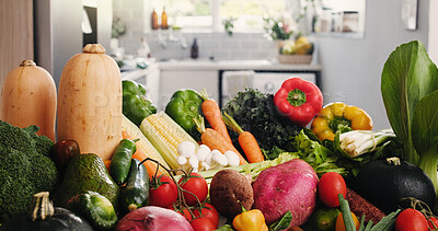 Buy stock photo Vegetables, fresh groceries and kitchen with variety of ingredients, plant based diet and nutrition. Organic produce, meal prep and collection of natural food for vegan menu, health and detox in home
