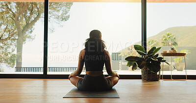 Buy stock photo Woman, back view and meditation with zen for inner peace, yoga or spiritual wellness in studio. Calm, female person or yogi with chakra, mudra or mantra for balance or mindfulness in serene dojo