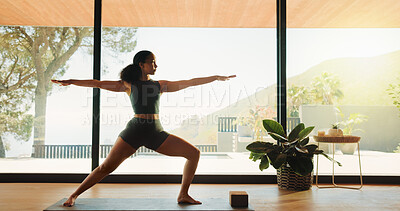Buy stock photo Woman, yoga and stretching with warrior pose for fitness, balance or health and wellness in studio. Calm, female person or yogi with technique for mindfulness, awareness or exercise in serene dojo
