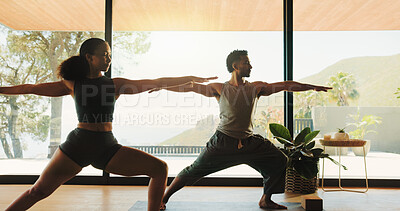Buy stock photo Home, yoga and couple with fitness, meditation and bonding together with wellness. Healthy, posture and man with woman, warrior pose and exercise with routine, chakra and zen with balance and peace