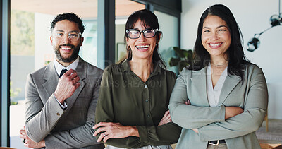 Buy stock photo Portrait, team and business people with arms crossed in office, pride or funny real estate agents. Group, about us and workers with confidence, laugh or collaboration with happy realtors in company