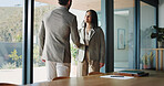 Business, people and meeting with handshake in office for welcome, introduction and job interview. Staff, shaking hands and greeting for recruitment, partnership and agreement for onboarding proposal