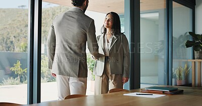 Buy stock photo Business, people and meeting with handshake in office for welcome, introduction and job interview. Staff, shaking hands and greeting for recruitment, partnership and agreement for onboarding proposal