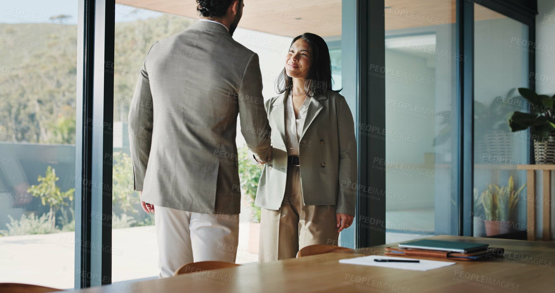 Buy stock photo Business, people and meeting with handshake in office for welcome, introduction and job interview. Staff, shaking hands and greeting for recruitment, partnership and agreement for onboarding proposal