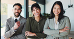 Portrait, group and business people with arms crossed in office, pride or funny real estate agents. Team, about us and workers with confidence, laugh or collaboration with happy realtors in company