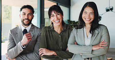 Buy stock photo Portrait, group and business people with arms crossed in office, pride or funny real estate agents. Team, about us and workers with confidence, laugh or collaboration with happy realtors in company