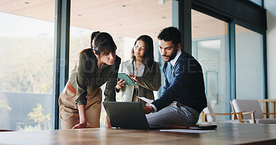 Buy stock photo Collaboration, laptop and project management with business people in office for plan development. Computer, meeting and tablet with corporate employee team in workplace boardroom for discussion