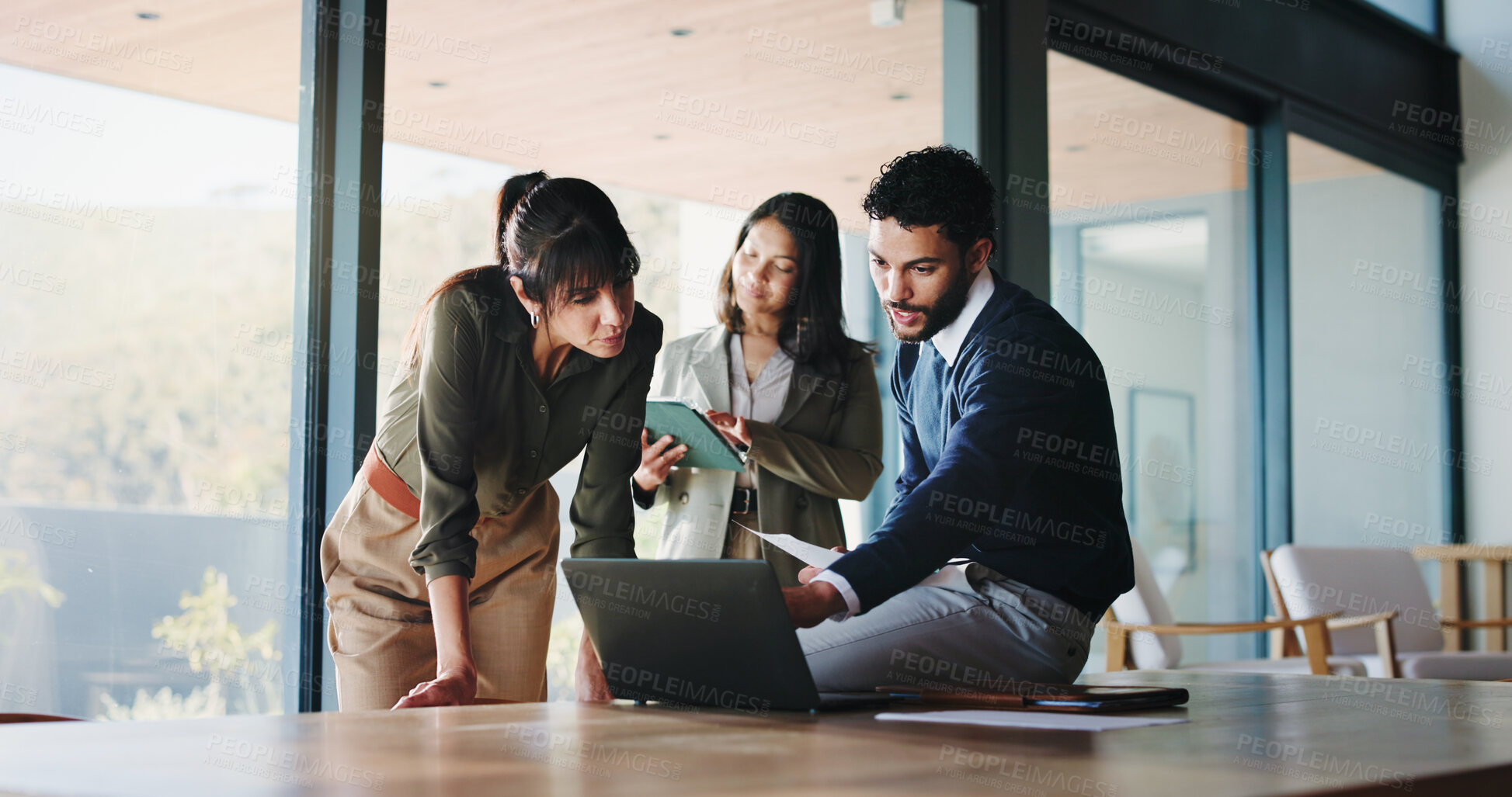 Buy stock photo Collaboration, laptop and project management with business people in office for plan development. Computer, meeting and tablet with corporate employee team in workplace boardroom for discussion