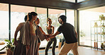 Group, people and hand stack in yoga class with support, motivation and fitness celebration. Smile, men and women huddle for teamwork, wellness collaboration and agreement for self care achievement