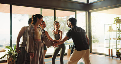 Buy stock photo Group, people and hand stack in yoga class with support, motivation and fitness celebration. Smile, men and women huddle for teamwork, wellness collaboration and agreement for self care achievement
