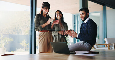 Buy stock photo Business, people and applause with laptop in office for good news, celebration and budget approval. Smile, staff and clapping hands with pc for congratulations, team success and goal of finance bonus