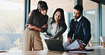 Documents, laptop and project management with business people in office for plan development. Meeting, paperwork and tablet with corporate employee team in workplace boardroom for discussion