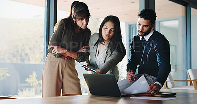 Buy stock photo Documents, laptop and project management with business people in office for plan development. Meeting, paperwork and tablet with corporate employee team in workplace boardroom for discussion