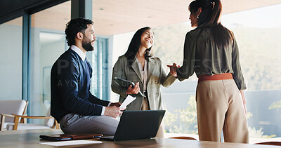 Buy stock photo Handshake, laughing and project management with business people in office for agreement or deal. Conversation, funny and meeting with corporate team shaking hands in boardroom for partnership at work