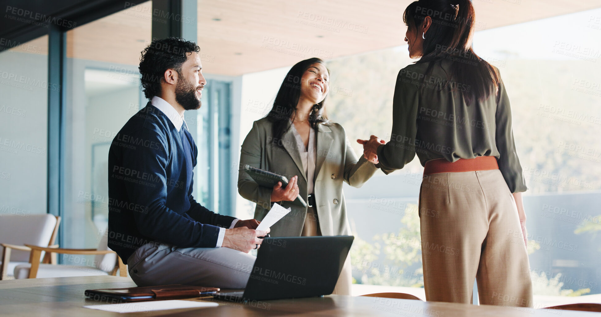 Buy stock photo Handshake, laughing and project management with business people in office for agreement or deal. Conversation, funny and meeting with corporate team shaking hands in boardroom for partnership at work