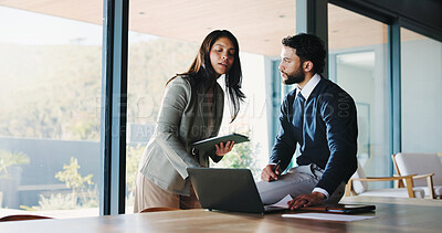 Buy stock photo Meeting, laptop and teamwork with business people in office for realtor listing, discussion and research. Property developer, project manager and collaboration with employees for online review