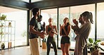 Fitness, yoga class or people in gym with clap, solidarity or coach recognition in end of training. Pilates, achievement or instructor in studio with applause, gratitude or finish in wellness club.