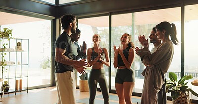 Buy stock photo Fitness, yoga class or people in gym with clap, solidarity or coach recognition in end of training. Pilates, achievement or instructor in studio with applause, gratitude or finish in wellness club.