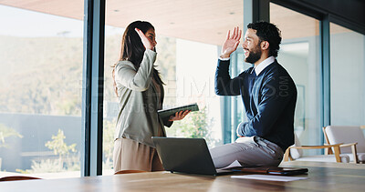 Buy stock photo High five, happy people or lawyers in office for case celebration, winning legal dispute or teamwork. Client advocacy, strong defense or man with woman for lawsuit settlement success, notebook or pc