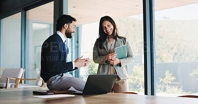 Buy stock photo Meeting, laptop and laughing with business people in office for realtor listing, discussion and research. Property developer, project manager and collaboration with employees for online joke