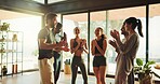 Fitness, yoga class or people in gym with applause, solidarity or coach recognition in end of training. Pilates, success or instructor in studio with clap, gratitude or finish in wellness club.