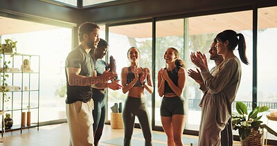 Buy stock photo Fitness, yoga class or people in gym with applause, solidarity or coach recognition in end of training. Pilates, success or instructor in studio with clap, gratitude or finish in wellness club.