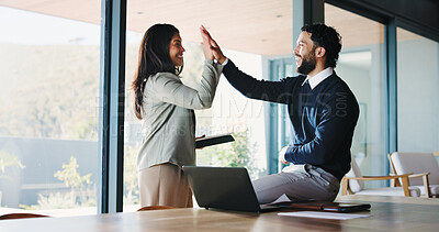 Buy stock photo High five, happy people or lawyers celebrate in office for winning idea, legal case or teamwork. Client advocacy, strong defense or man with woman for lawsuit settlement, pc or class action success