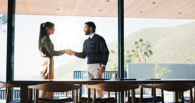 Buy stock photo Office, business people and handshake with team for introduction, greeting or welcome. Collaboration, shaking hands and happy workers in meeting for negotiation, b2b deal or thank you for partnership