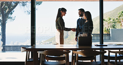 Buy stock photo Office, business people and shaking hands with group for introduction, greeting or welcome. Collaboration, handshake or happy workers in meeting for negotiation, b2b deal or thank you for partnership