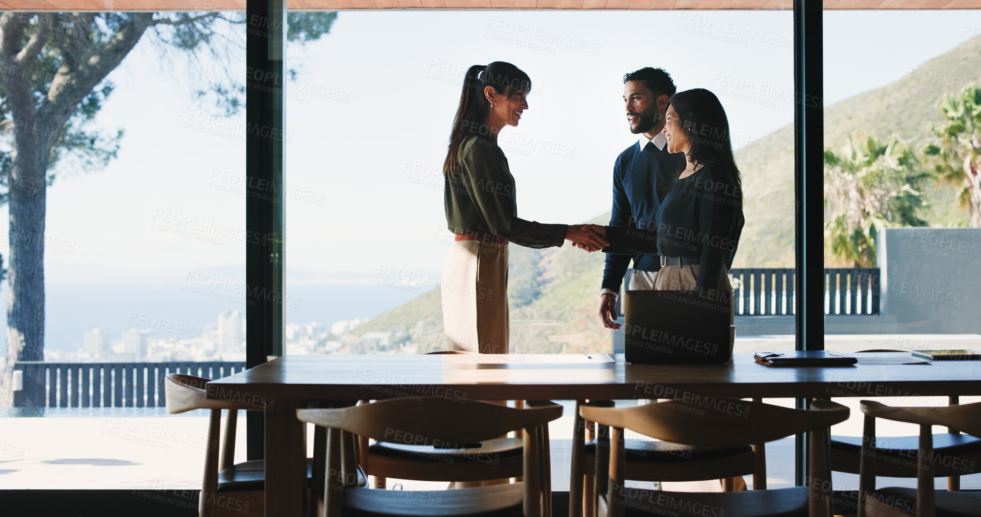 Buy stock photo Office, business people and shaking hands with group for introduction, greeting or welcome. Collaboration, handshake or happy workers in meeting for negotiation, b2b deal or thank you for partnership