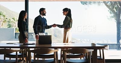 Buy stock photo Office, business people or shaking hands for meeting, greeting or welcome. Collaboration, handshake or happy workers with introduction for negotiation, b2b deal or thank you for partnership agreement