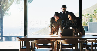 Buy stock photo Collaboration, documents and laptop with business people in office for plan development. Computer, meeting and project management with corporate employee team in workplace boardroom for discussion