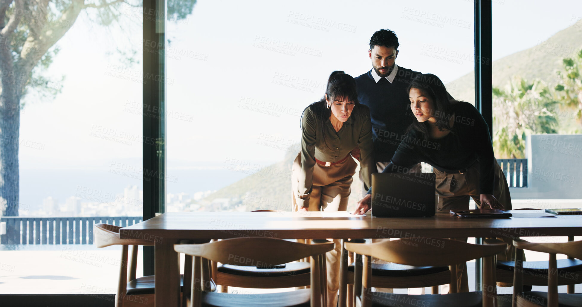 Buy stock photo Collaboration, documents and laptop with business people in office for plan development. Computer, meeting and project management with corporate employee team in workplace boardroom for discussion