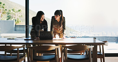 Buy stock photo Meeting, laptop and research with business people in office for realtor listing, discussion and teamwork. Property developer, project manager and collaboration with employees for online review