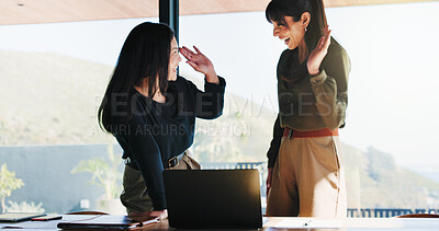 Buy stock photo High five, happy woman and lawyers celebrate in office for winning idea, legal dispute or teamwork. Client advocacy, strong defense and people with lawsuit settlement success, pc or class action case