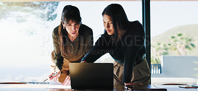 Buy stock photo Research, laptop and teamwork with business people in office for realtor listing, discussion and planning. Property developer, project manager and collaboration with employees for online review