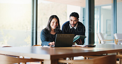 Buy stock photo Partnership, laptop and meeting with business people in office for realtor listing, discussion and research. Property developer, project manager and collaboration with employees for online review