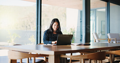 Buy stock photo Review, smile and woman in office with laptop, online communication and project development for client. Happy, reading and consultant in agency with tech, contract edit and feedback for stakeholder.