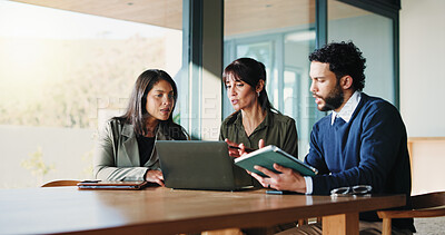Buy stock photo Review, discussion or people in office with laptop, team or project development for client. Collaboration, evaluation or consultant in agency with tablet, contract edit or feedback for stakeholder.
