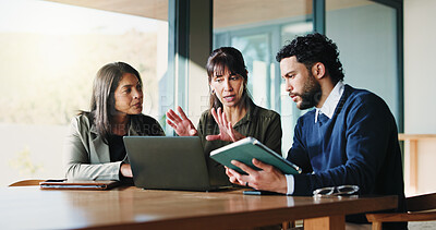Buy stock photo Conversation, laptop and tablet with business people in office for plan development. App, computer and meeting with corporate employee team in workplace boardroom for collaboration or problem solving