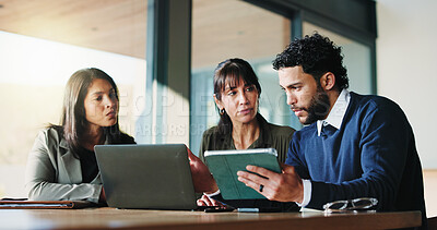 Buy stock photo Collaboration, laptop and tablet with business people in office for plan development. App, computer and meeting with corporate employee team in workplace boardroom for project management discussion