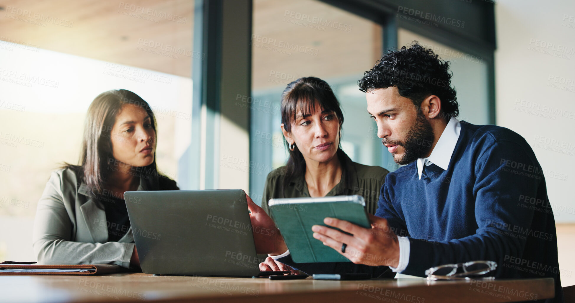 Buy stock photo Collaboration, laptop and tablet with business people in office for plan development. App, computer and meeting with corporate employee team in workplace boardroom for project management discussion